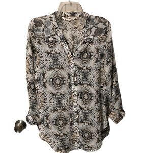 Sheer long sleeve blouse with abalone buttons size M